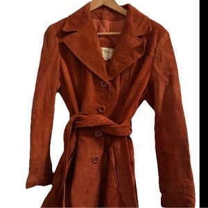 VTG 70s Suede Leather Jacket Rust Orange Tie Belt XS or sm boho Hippie Coat